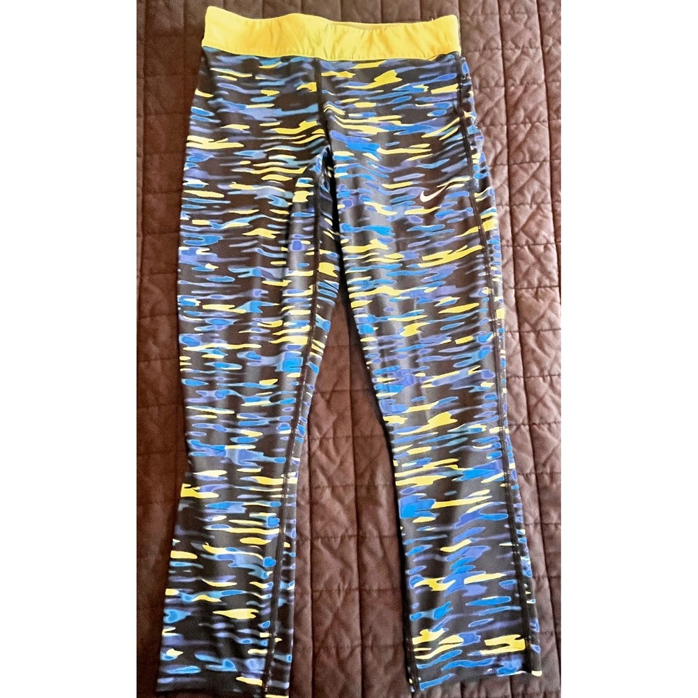 Nike Womens Dri-FIT Running Leggings XS Blue Yellow Abstract Camo Crop‎ Pants